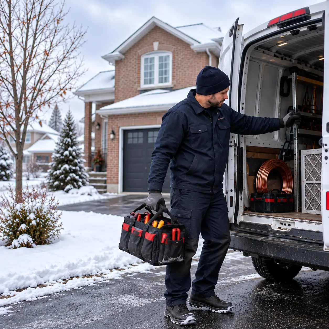 Technicien de Climatisation Chauffage Gatineau réparant une thermopompe devant une maison de Gatineau