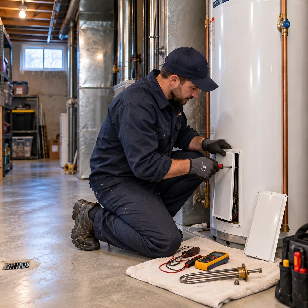 Technicien remplaçant un chauffe-eau électrique dans une salle mécanique à Gatineau