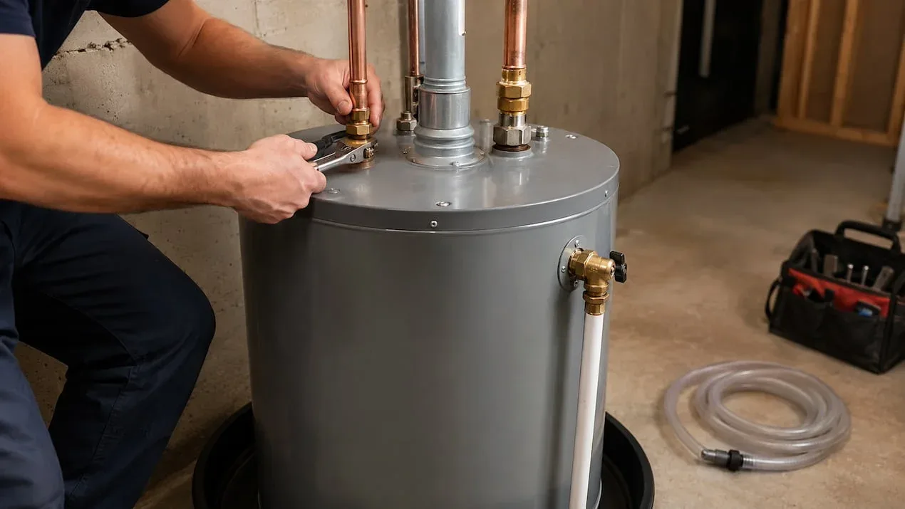 Technicien fermant la valve d'eau d'un chauffe-eau qui fuit dans un sous-sol de Hull