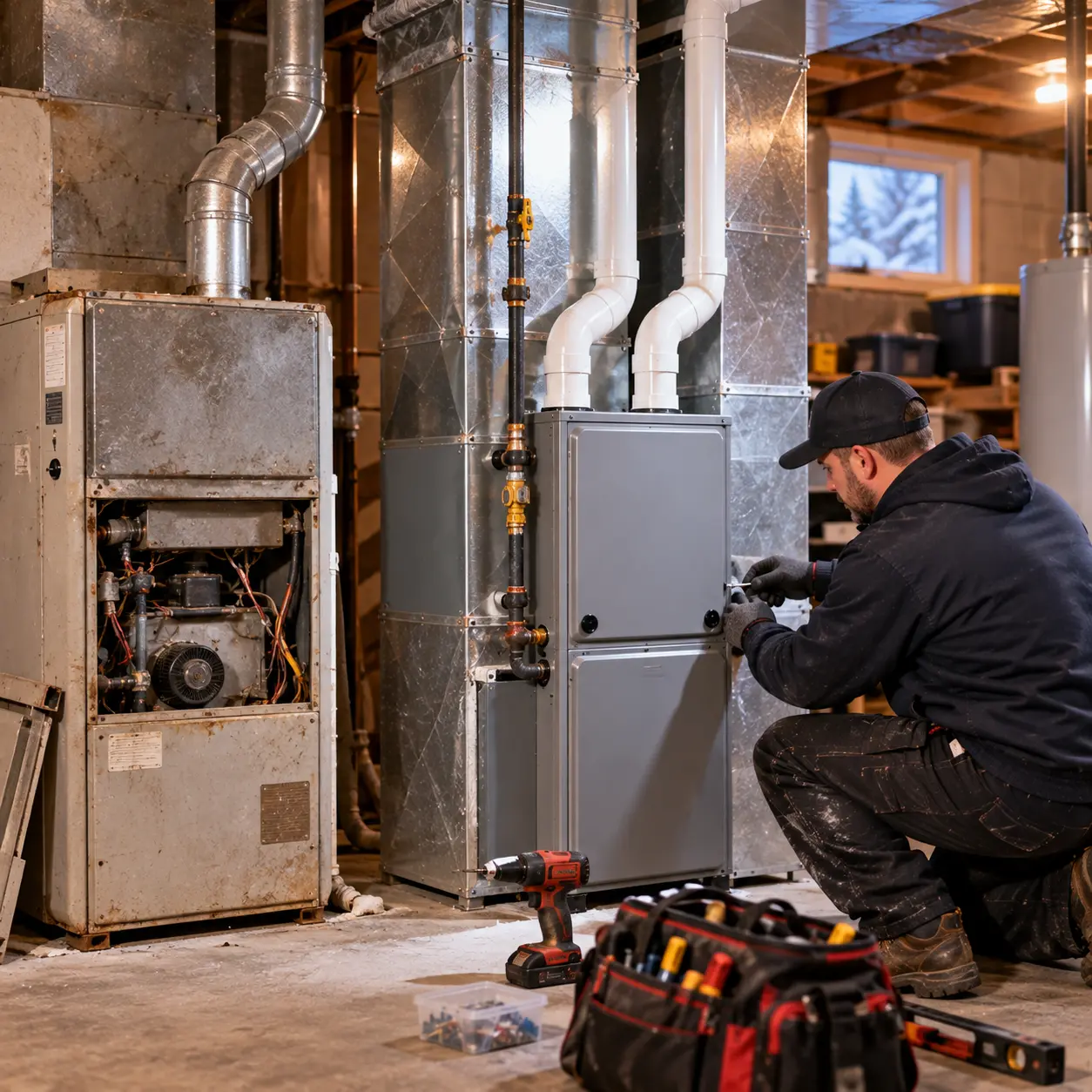 Nouvelle fournaise au gaz à haute efficacité installée avec évacuation en PVC dans un sous-sol d'Aylmer